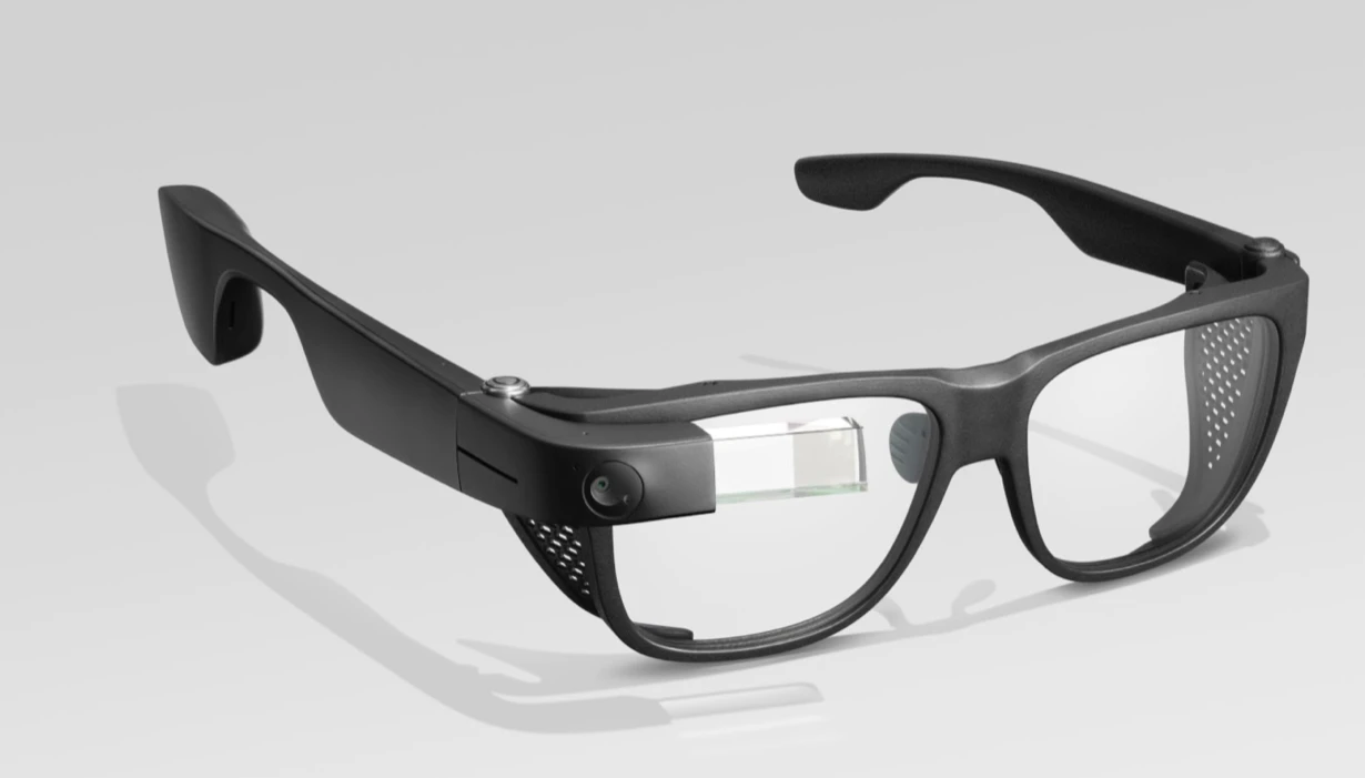 Black Google Glass Enterprise Edition eyewear with a camera and transparent display prism
