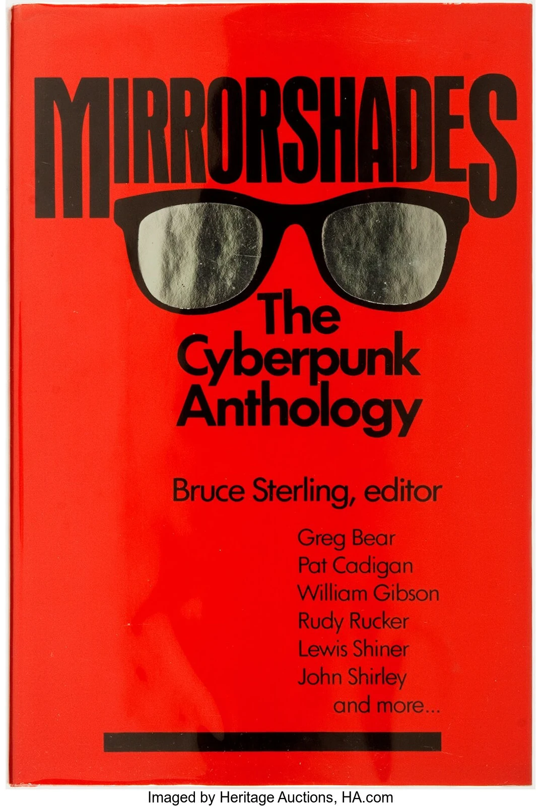 Red cover of Mirrorshades: The Cyberpunk Anthology, edited by Bruce Sterling, featuring mirrored sunglasses