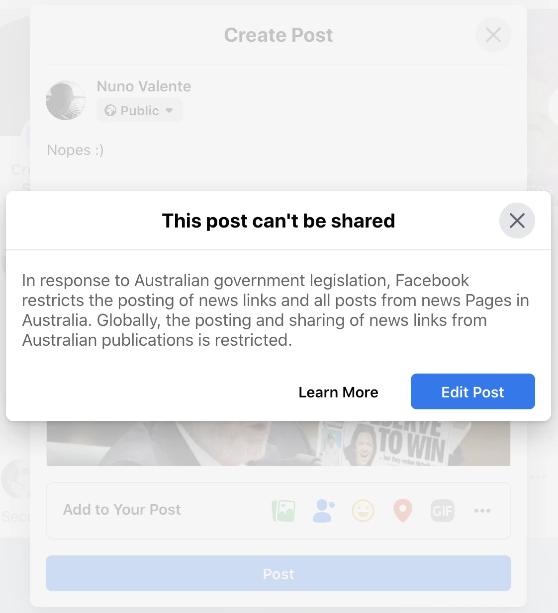 Facebook warning that a post containing an Australian news link cannot be shared
