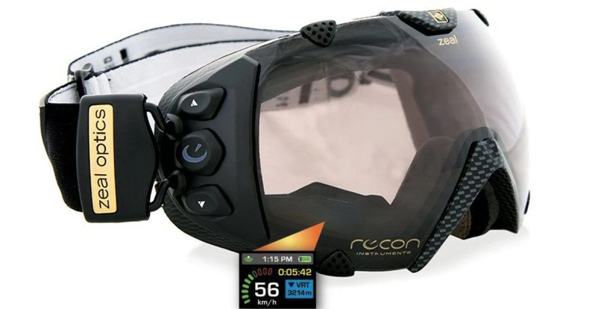 Recon Transcend ski goggles with side controls and a small heads-up display showing speed and time
